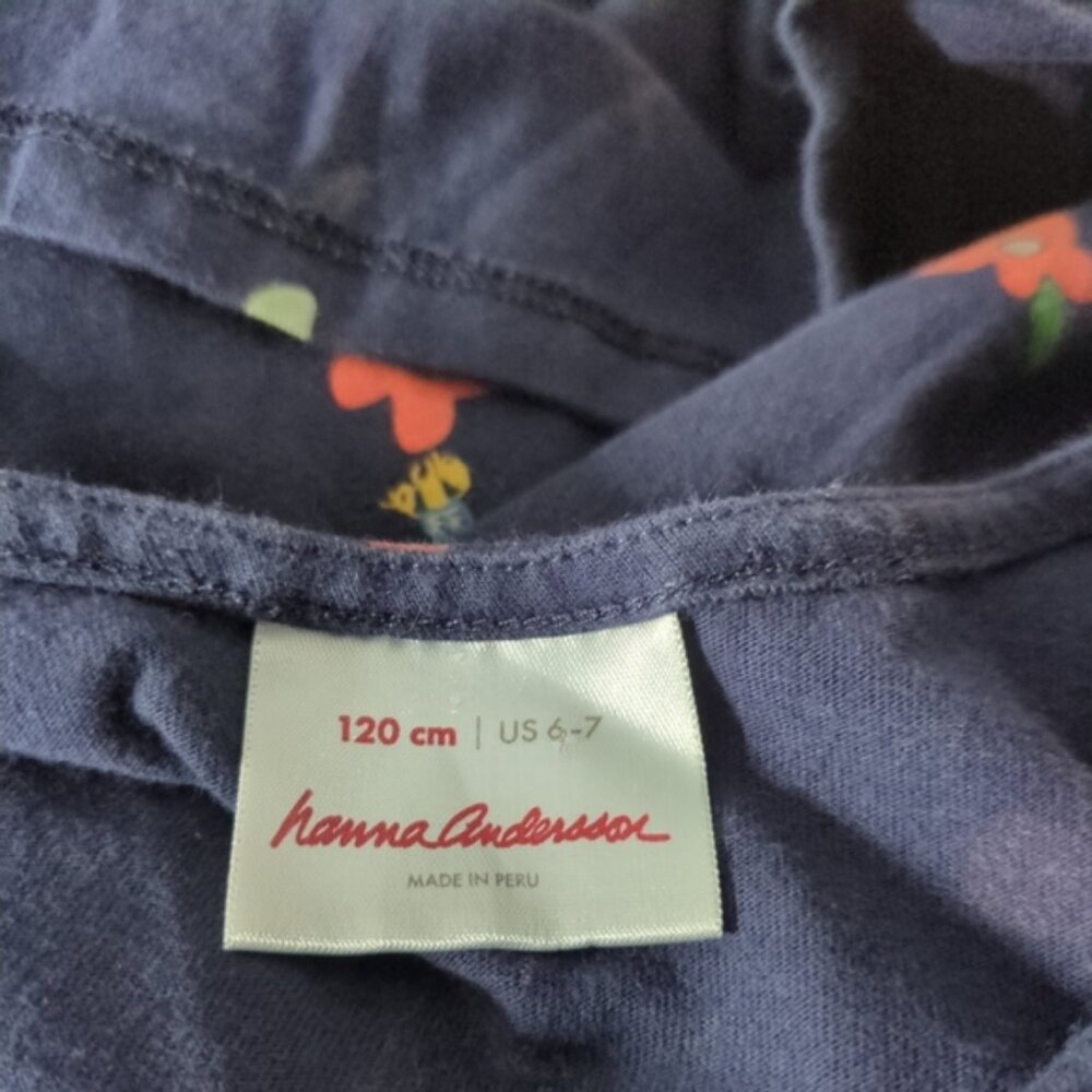 Hanna Andersson Flower Ruffle Dress Navy Size 6/7 (120cm) Pockets Cap Sleeves - Picture 5 of 8